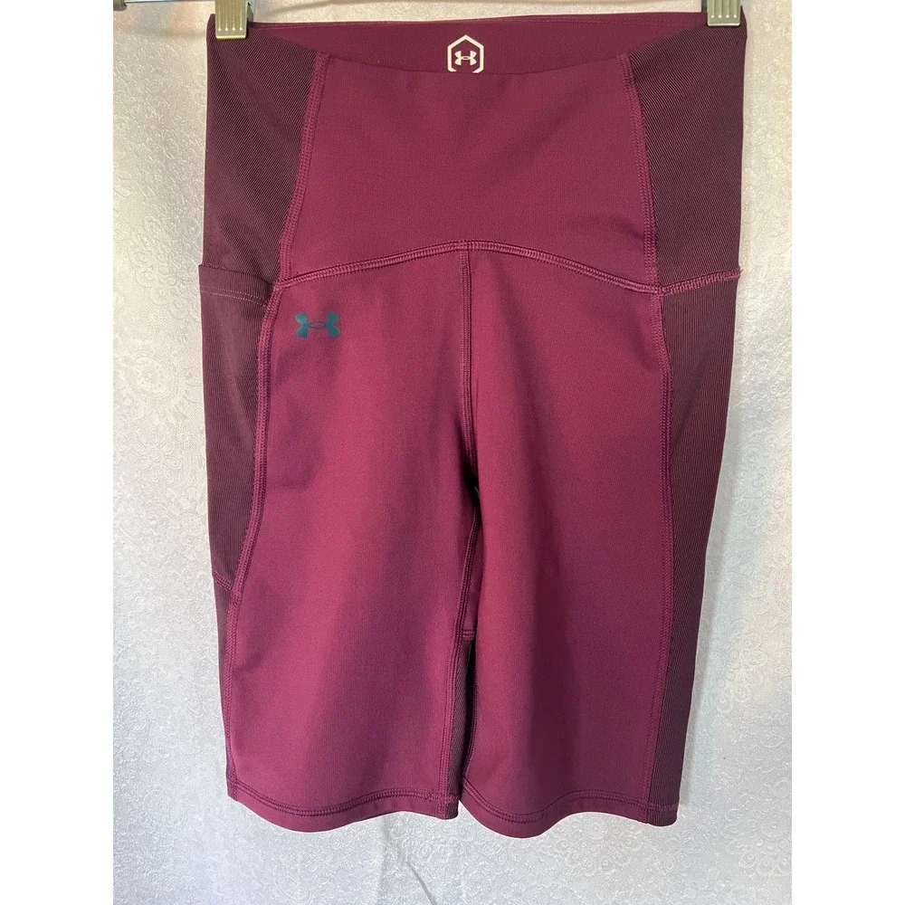 Under Armor Rush HeatGear Bike Short Burgundy Athleisure Ribbed Pocket Womens XS
